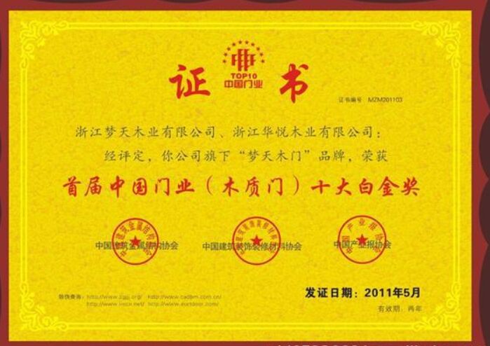 首届中国门业（木质门）十大白金奖