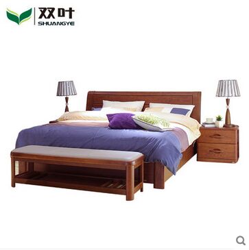 双叶览众系列 水曲柳实木1.5米双人床 现代中式1.8米储物大床家具