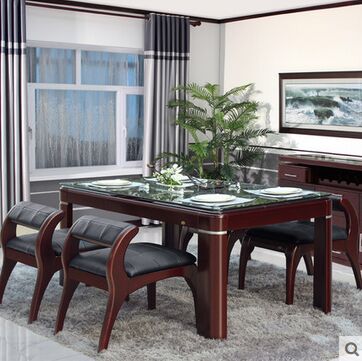 双叶家具现代中式实木餐桌钢化玻璃面板两侧抽屉4人6人长方形饭桌