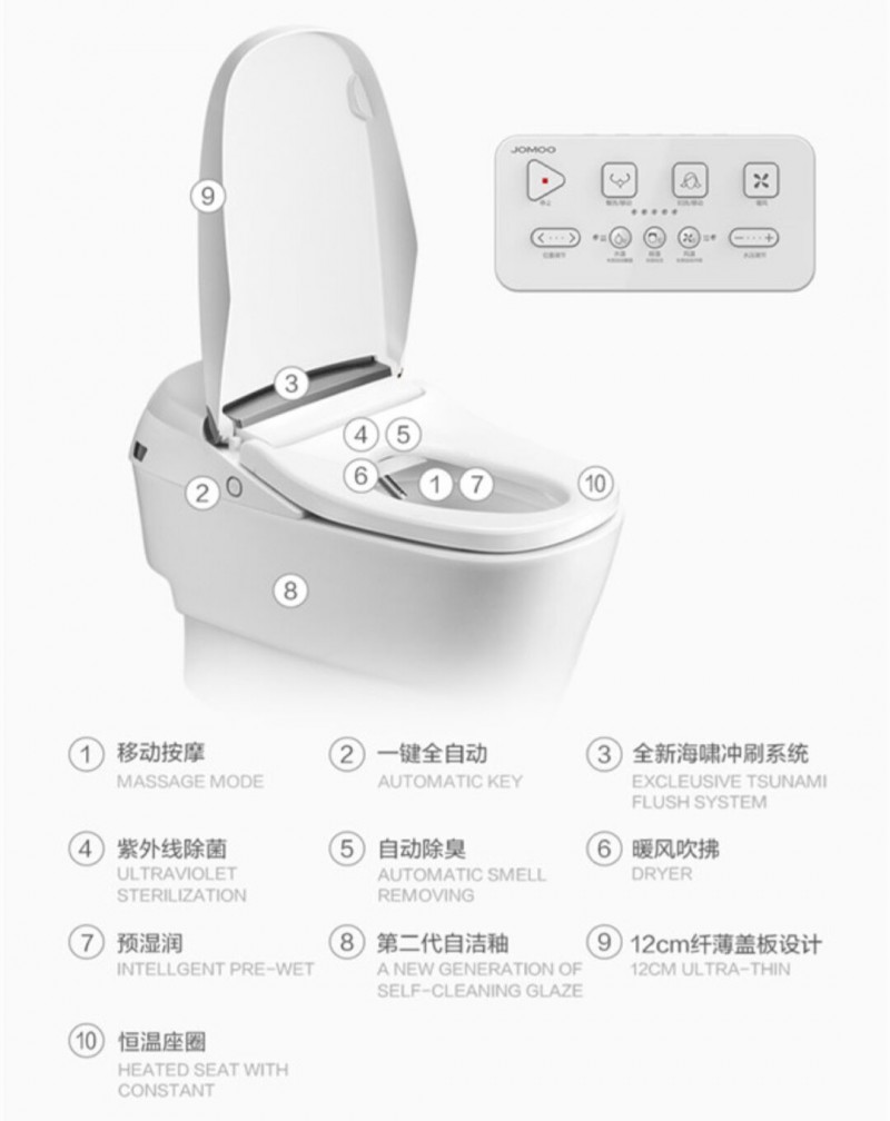 JOMOO九牧D8810S智能座便器  一键全自动  微波感应自动翻盖  即热恒温  光感夜灯  海啸冲刷  紫外线杀菌  预湿润  自动除臭   9100  22