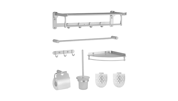 JOMOO九牧太空铝挂件8件套939402  内含：浴巾架1个，厕刷架1个，单杆1个，纸巾架1个，三排衣钩1个，单层铝篮1个，厕刷头2个   太空铝材质  （499元）