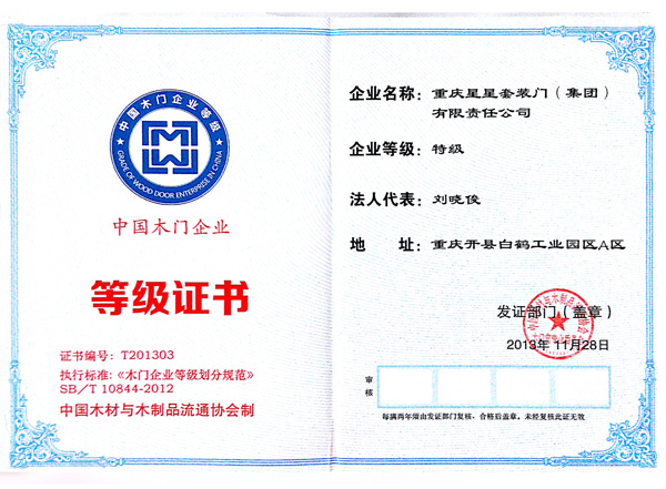 中国木门企业等级证书